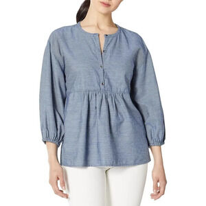Lucky Brand Womens Striped Popover Top Indigo Multi Small Casual Cotton Lyocell